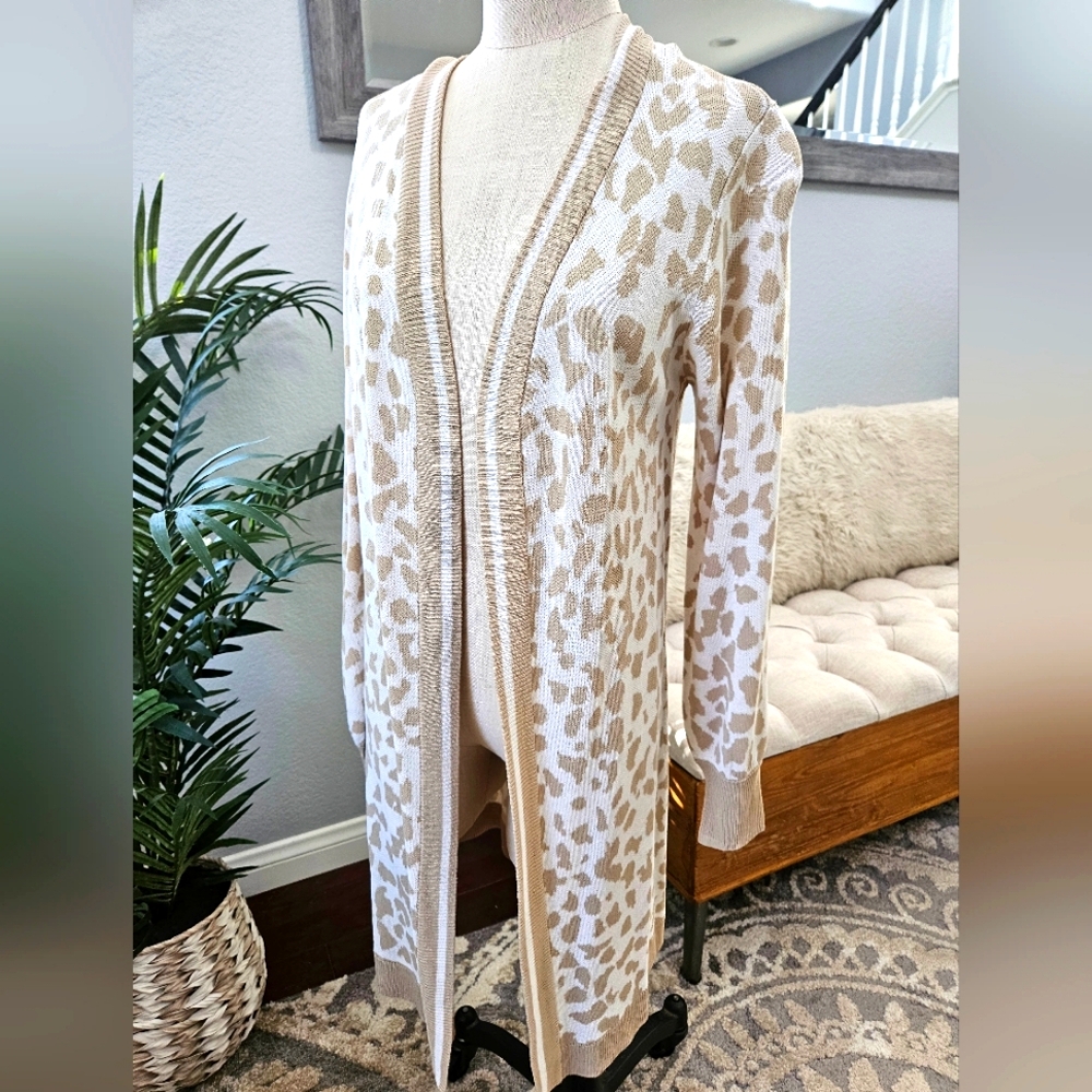 Mesh+Lace- Biege Long Leopard Print Open Sweater Cardigan Sleeve Wmns Sz M NWT